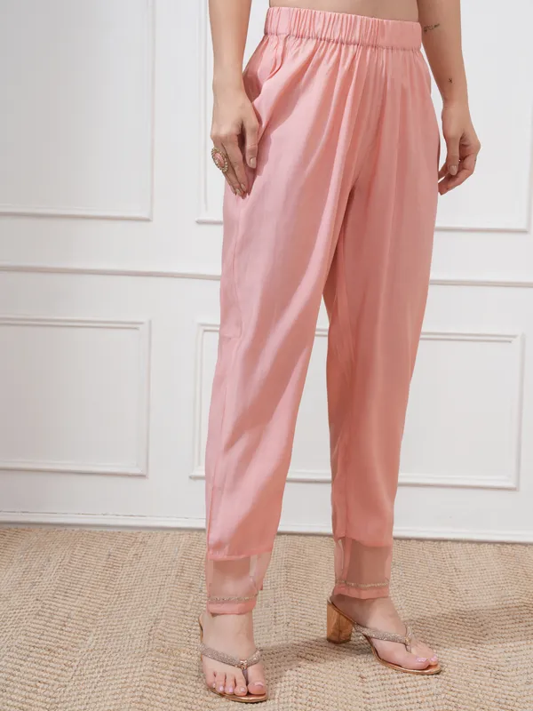 Vishudh Women Peach Embroidered Kurta With Trousers And Dupatta