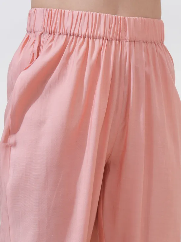 Vishudh Women Peach Embroidered Kurta With Trousers And Dupatta