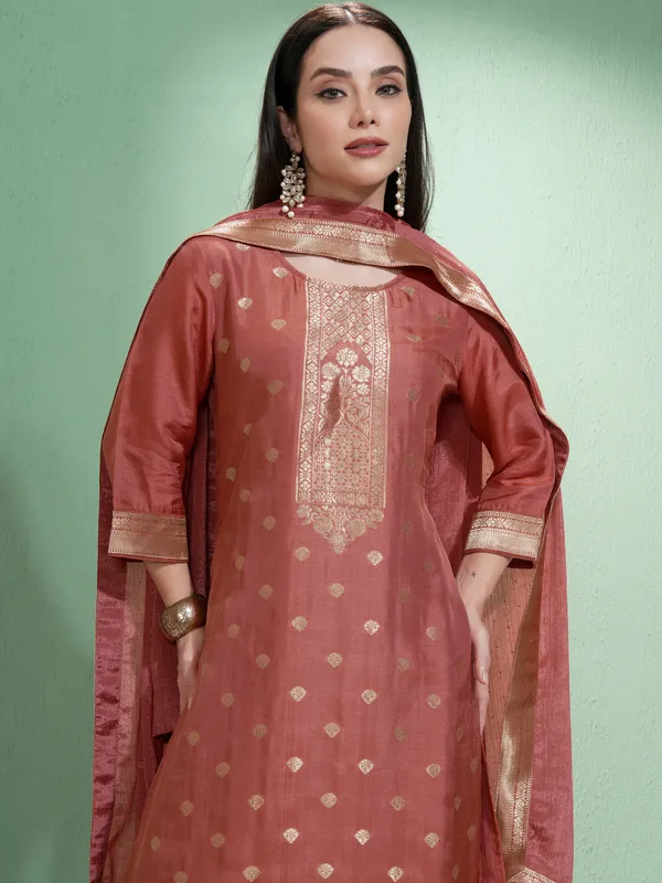 Vishudh Women Rust Printed Kurta With Trousers And Dupatta