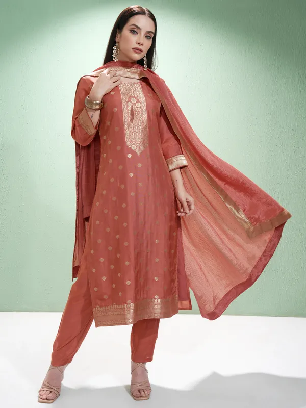 Vishudh Women Rust Printed Kurta With Trousers And Dupatta