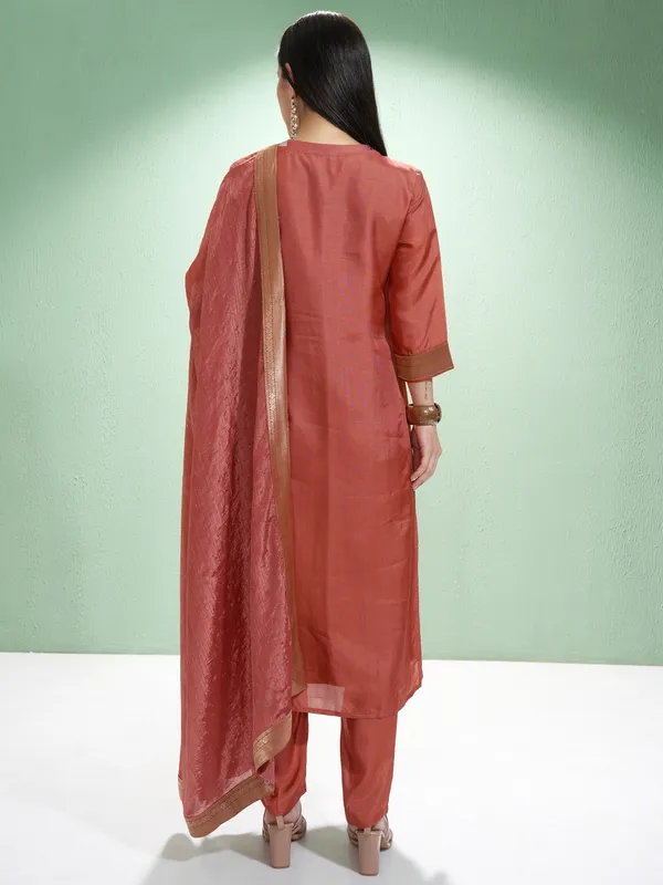 Vishudh Women Rust Printed Kurta With Trousers And Dupatta