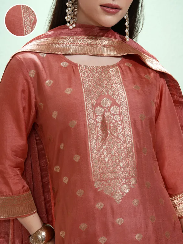 Vishudh Women Rust Printed Kurta With Trousers And Dupatta