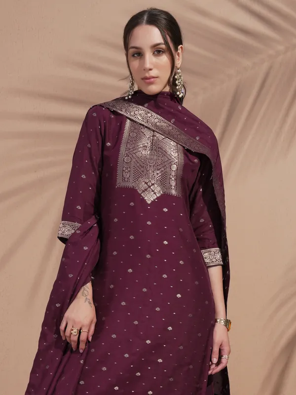 Vishudh Women Burgundy Printed Kurta With Trouser And Dupatta