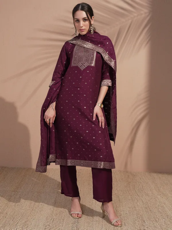 Vishudh Women Burgundy Printed Kurta With Trouser And Dupatta