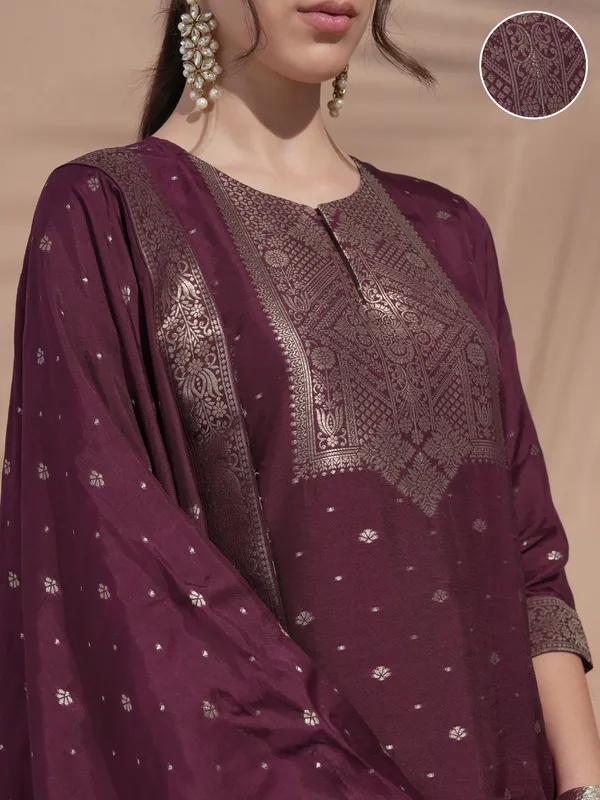 Vishudh Women Burgundy Printed Kurta With Trouser And Dupatta