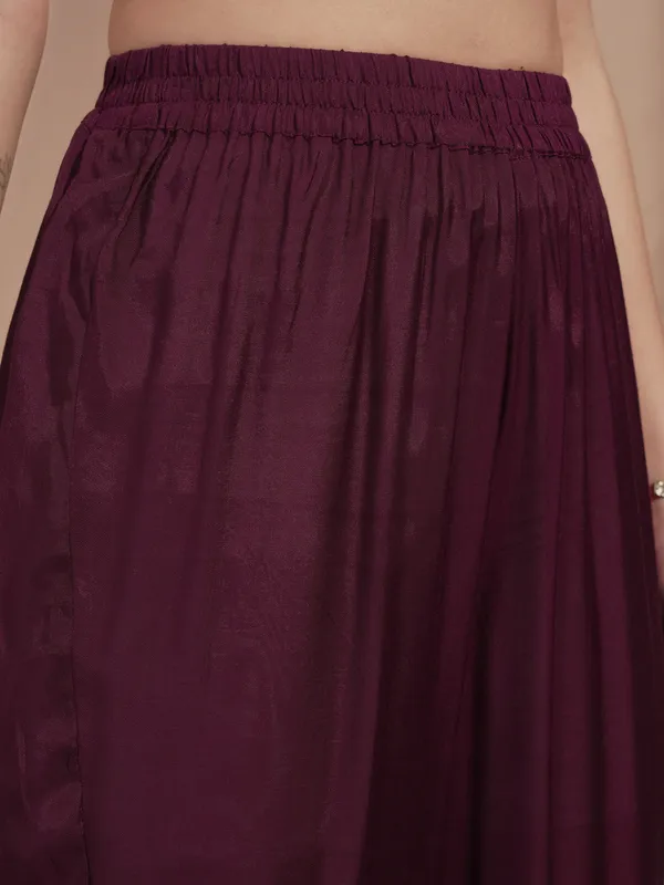 Vishudh Women Burgundy Printed Kurta With Trouser And Dupatta