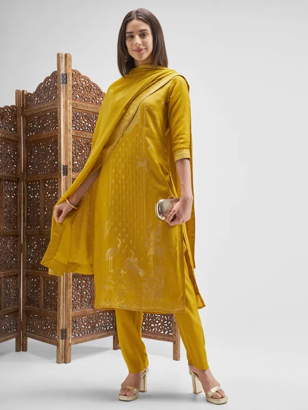 Vishudh Women Mustard Embroidered Kurta And Palazzo With Dupatta