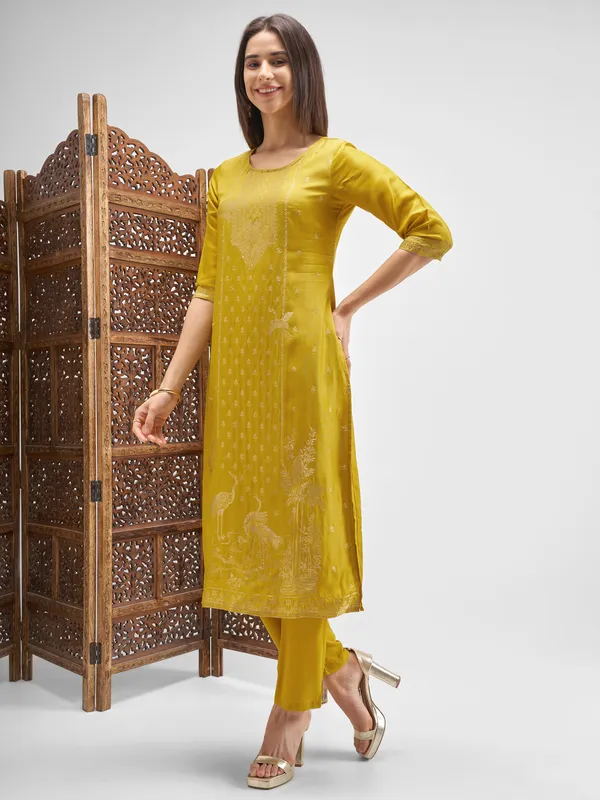Vishudh Women Mustard Embroidered Kurta And Palazzo With Dupatta