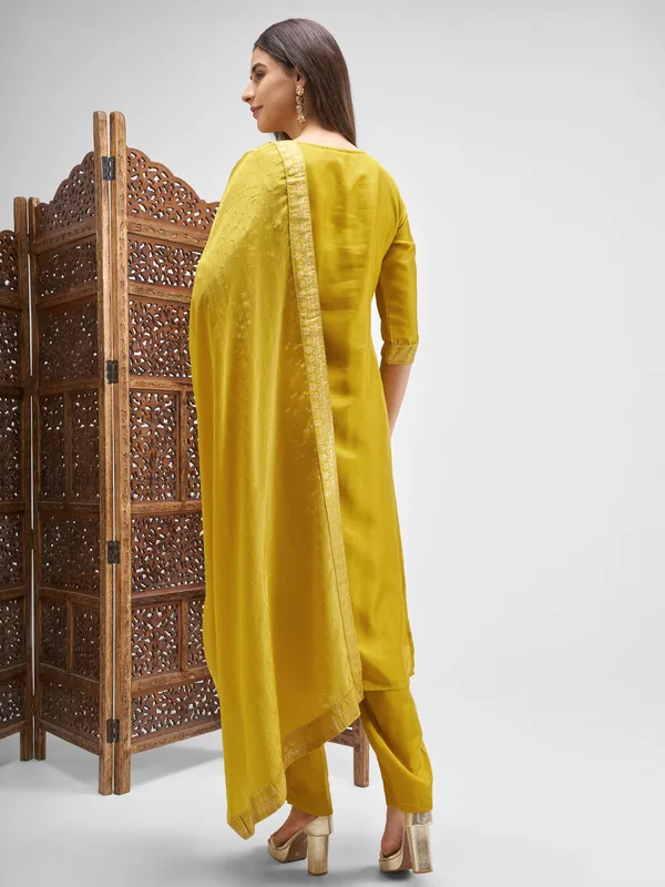 Vishudh Women Mustard Embroidered Kurta And Palazzo With Dupatta