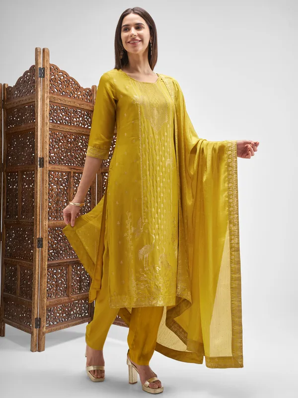 Vishudh Women Mustard Embroidered Kurta And Palazzo With Dupatta
