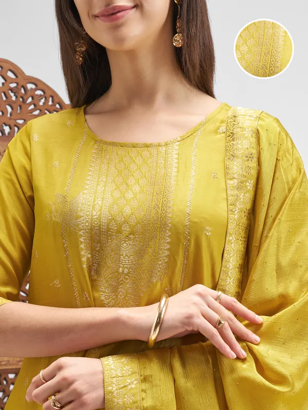 Vishudh Women Mustard Embroidered Kurta And Palazzo With Dupatta