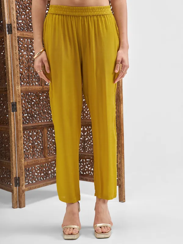 Vishudh Women Mustard Embroidered Kurta And Palazzo With Dupatta