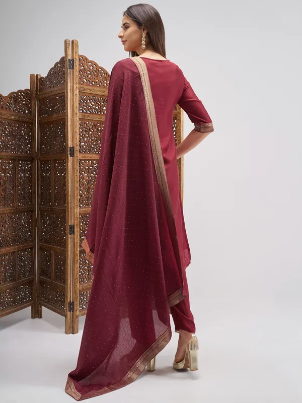 Vishudh Women Maroon Embroidered Kurta And Palazzo With Dupatta
