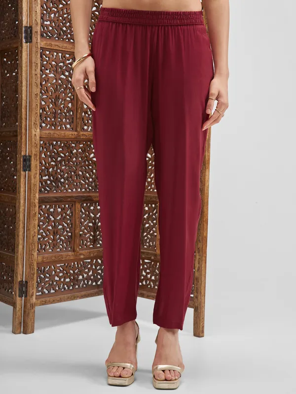 Vishudh Women Maroon Embroidered Kurta And Palazzo With Dupatta