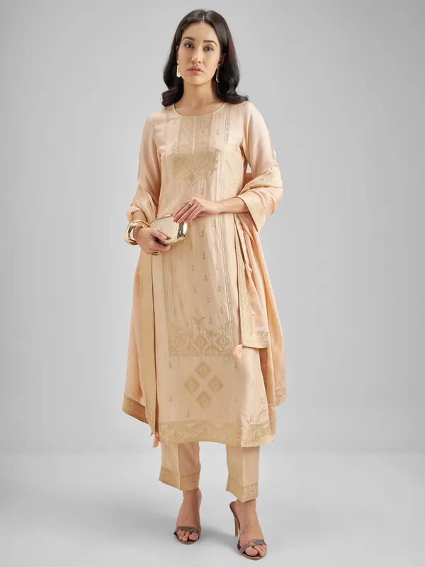 Vishudh Women Peach Embroidered Kurta With Trouser And Dupatta