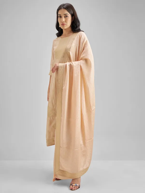 Vishudh Women Peach Embroidered Kurta With Trouser And Dupatta