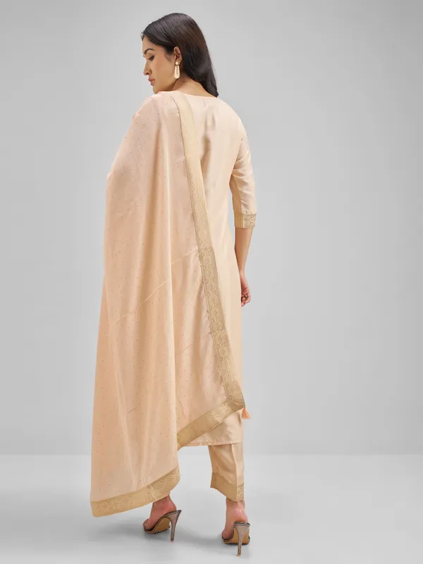 Vishudh Women Peach Embroidered Kurta With Trouser And Dupatta