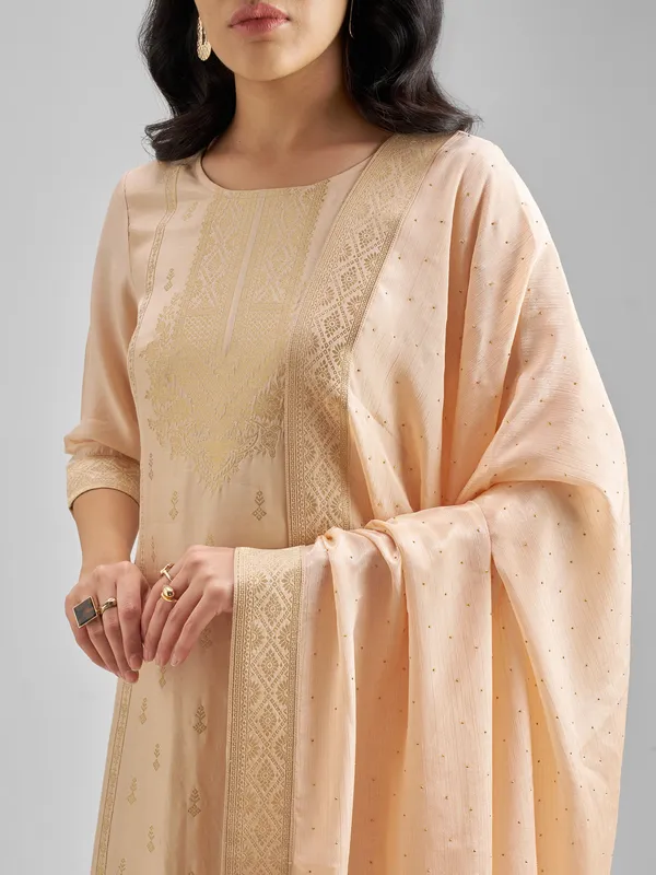 Vishudh Women Peach Embroidered Kurta With Trouser And Dupatta
