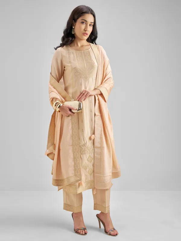 Vishudh Women Peach Embroidered Kurta With Trouser And Dupatta