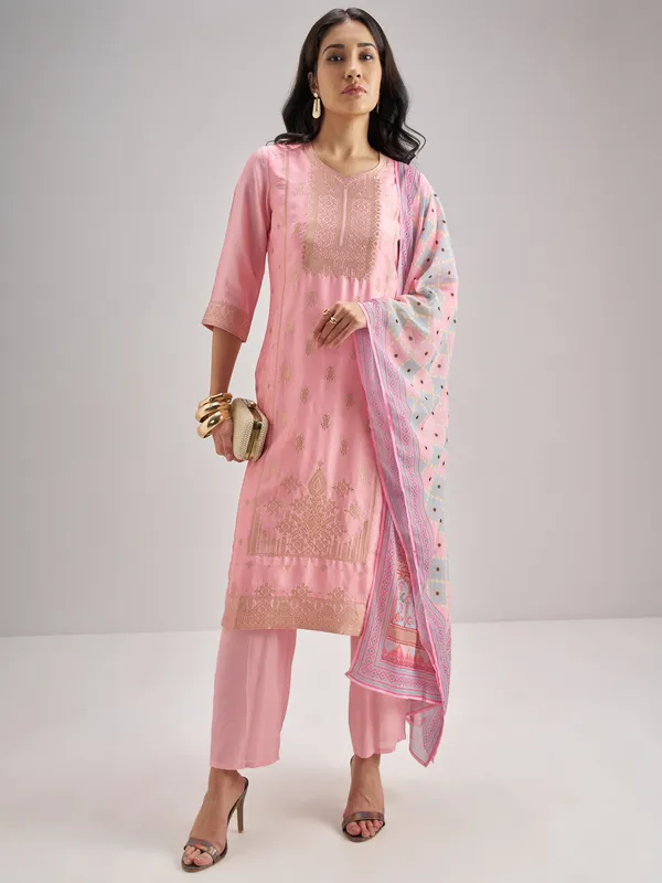 Vishudh Women Pink Embroidered Kurta With Trouser And Dupatta