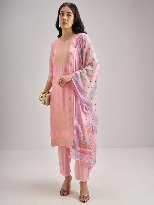 Vishudh Women Pink Embroidered Kurta With Trouser And Dupatta