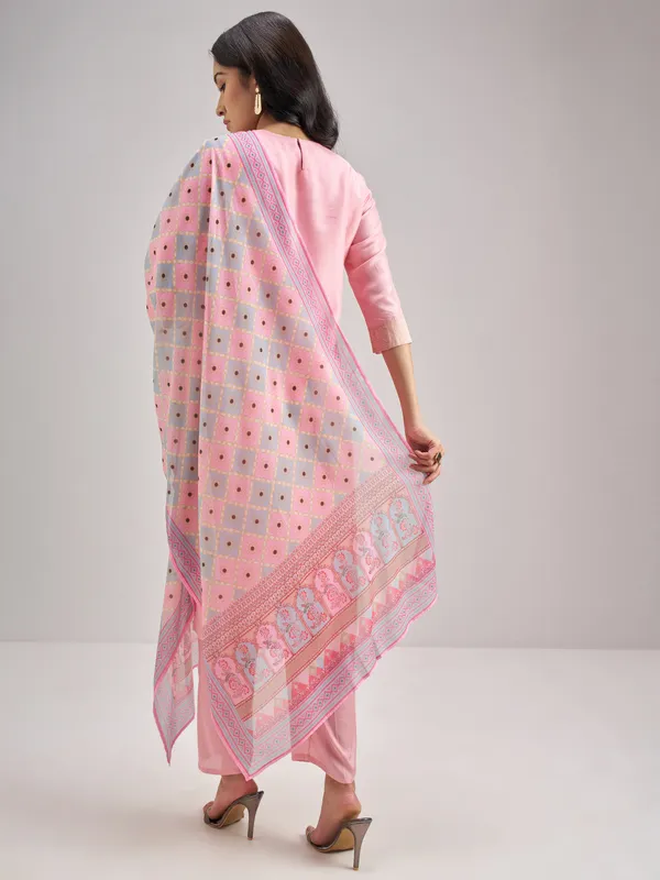 Vishudh Women Pink Embroidered Kurta With Trouser And Dupatta