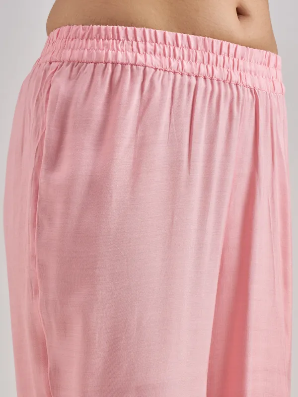 Vishudh Women Pink Embroidered Kurta With Trouser And Dupatta