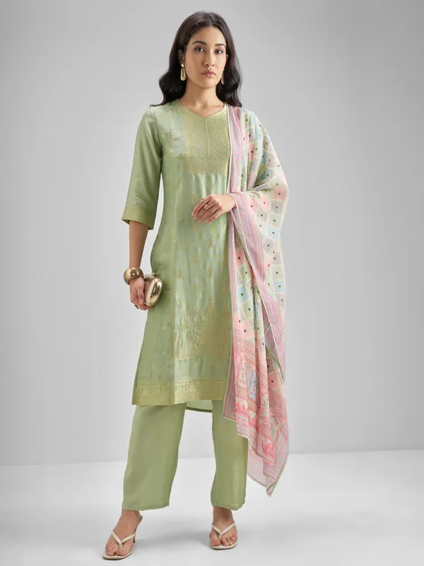 Vishudh Women Green Embroidered Kurta With Trouser And Dupatta