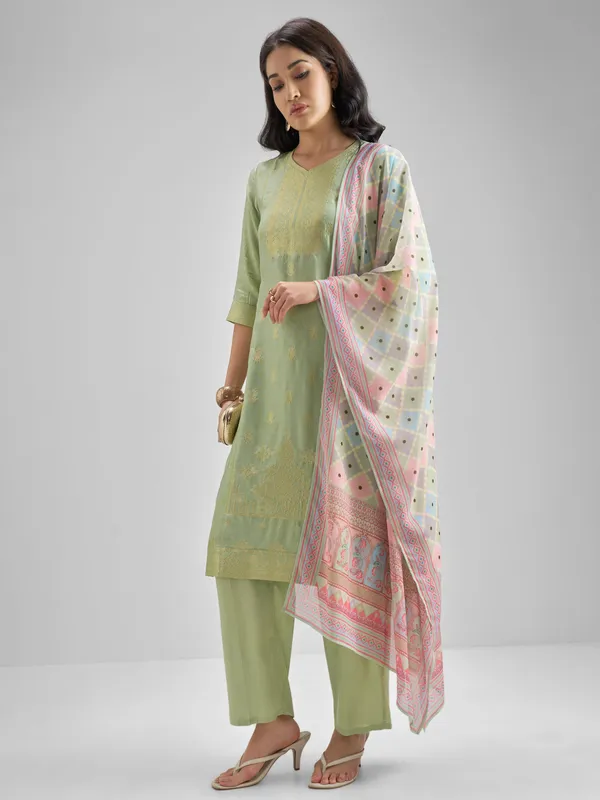 Vishudh Women Green Embroidered Kurta With Trouser And Dupatta
