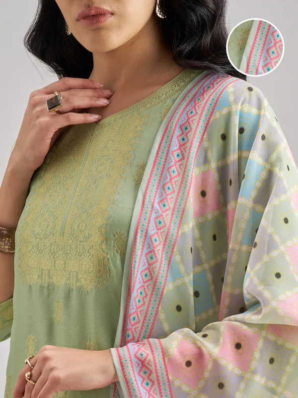 Vishudh Women Green Embroidered Kurta With Trouser And Dupatta