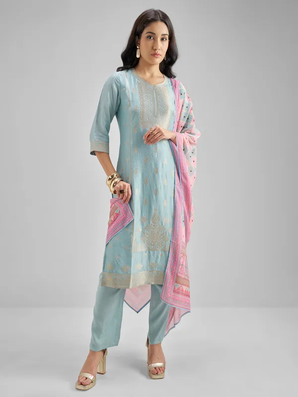 Vishudh Women Blue Embroidered Kurta With Trousers And Dupatta