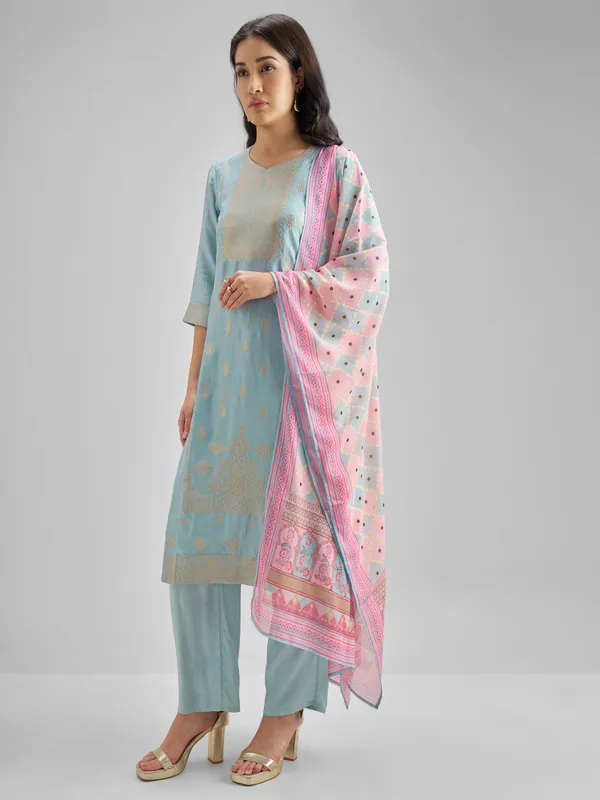 Vishudh Women Blue Embroidered Kurta With Trousers And Dupatta