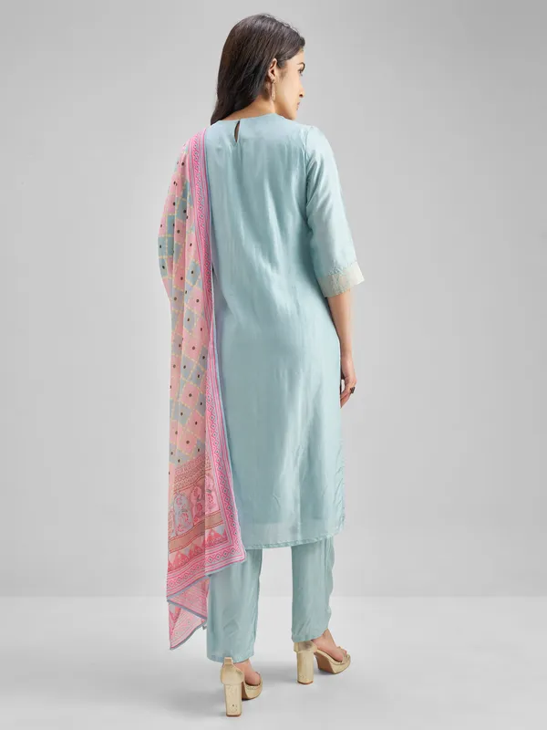 Vishudh Women Blue Embroidered Kurta With Trousers And Dupatta