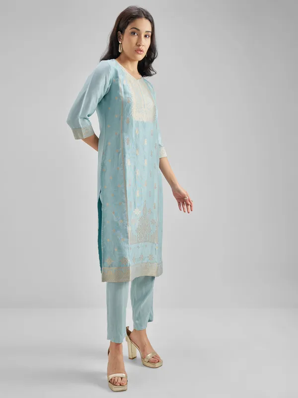 Vishudh Women Blue Embroidered Kurta With Trousers And Dupatta