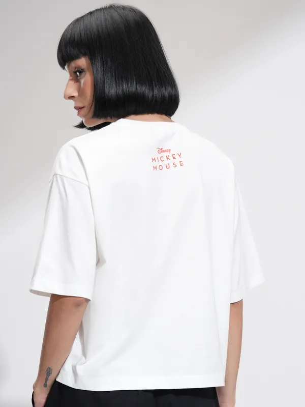 Disney By Tokyo Talkies Women White Mickey Mouse Printed Round Neck T-Shirt