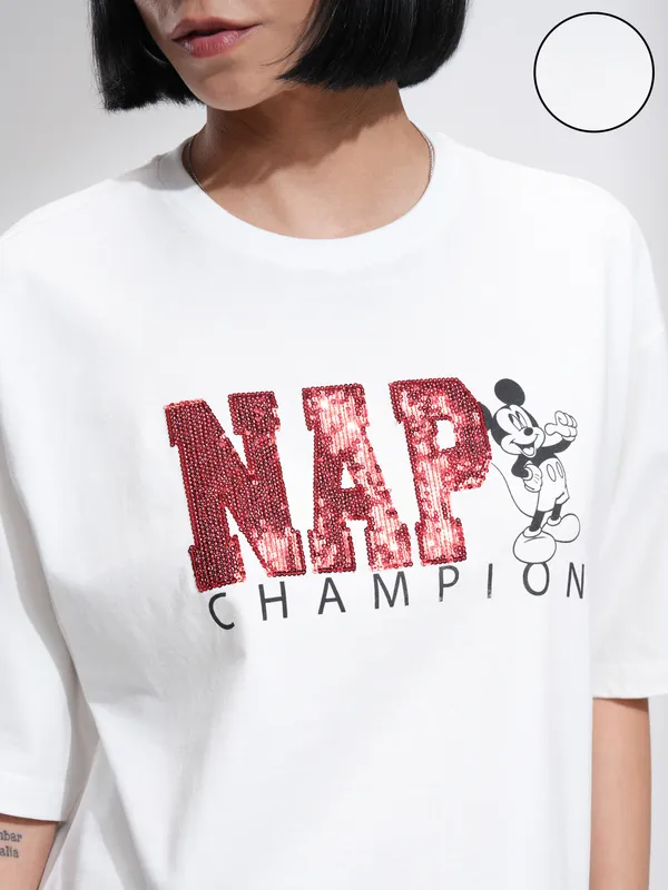 Disney By Tokyo Talkies Women White Mickey Mouse Printed Round Neck T-Shirt