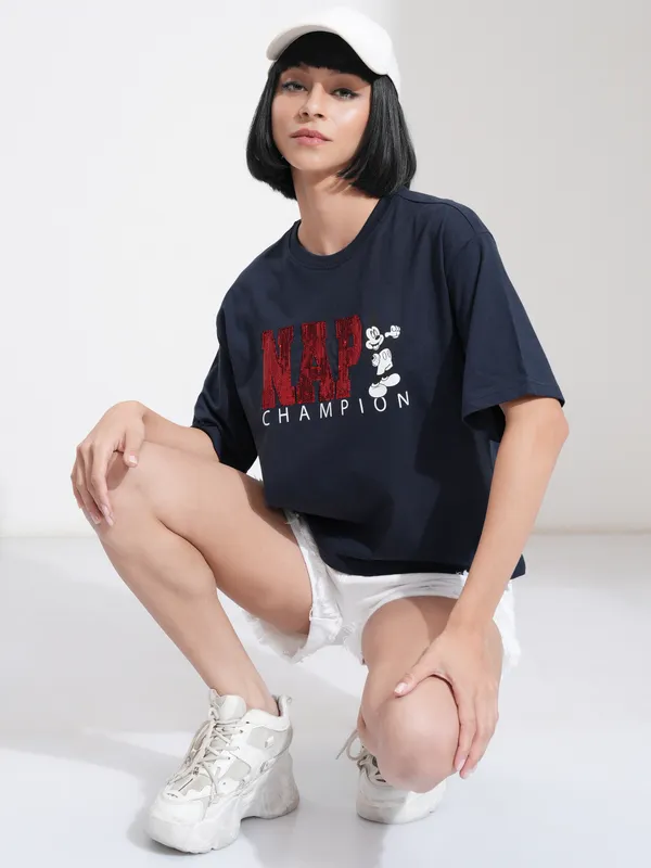 Disney By Tokyo Talkies Women Navy Blue Mickey Mouse Printed Round Neck T-Shirt