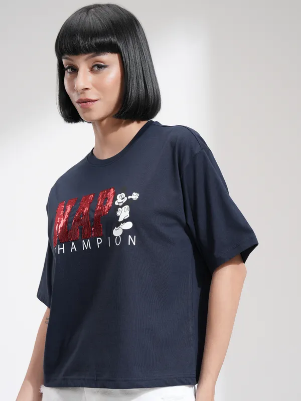 Disney By Tokyo Talkies Women Navy Blue Mickey Mouse Printed Round Neck T-Shirt