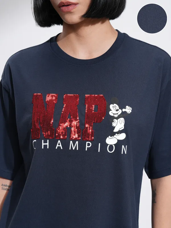 Disney By Tokyo Talkies Women Navy Blue Mickey Mouse Printed Round Neck T-Shirt