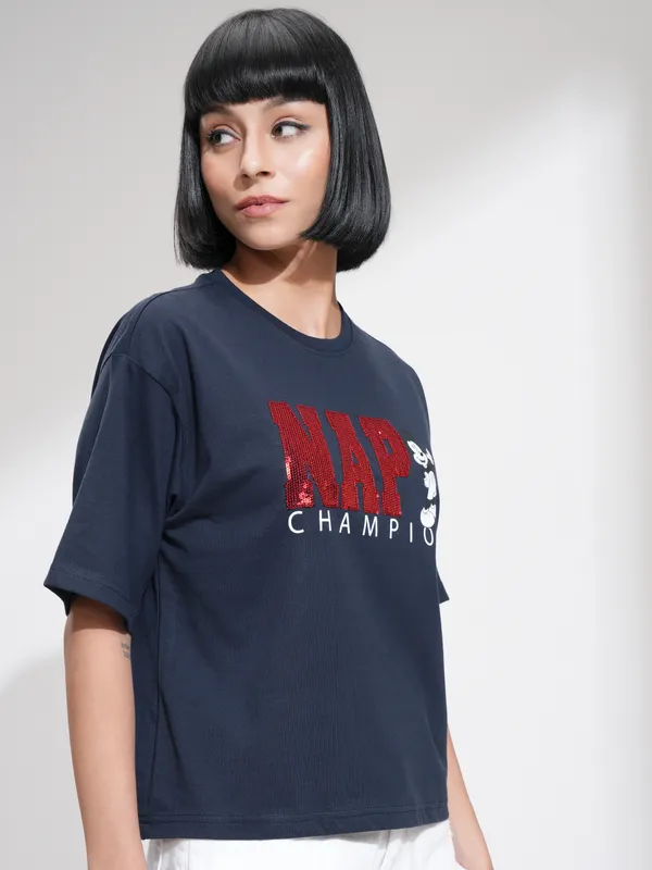 Disney By Tokyo Talkies Women Navy Blue Mickey Mouse Printed Round Neck T-Shirt