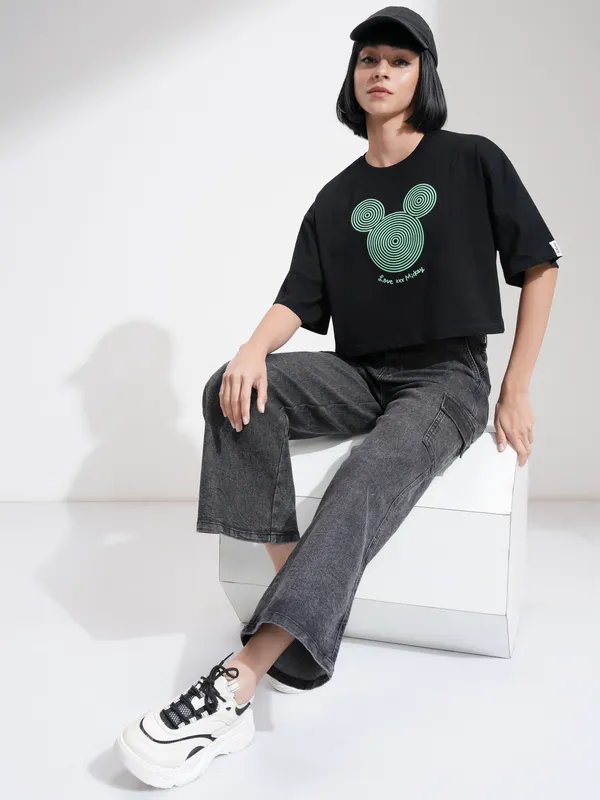 Disney By Tokyo Talkies Women Black Mickey Mouse Printed Round Neck T-Shirt