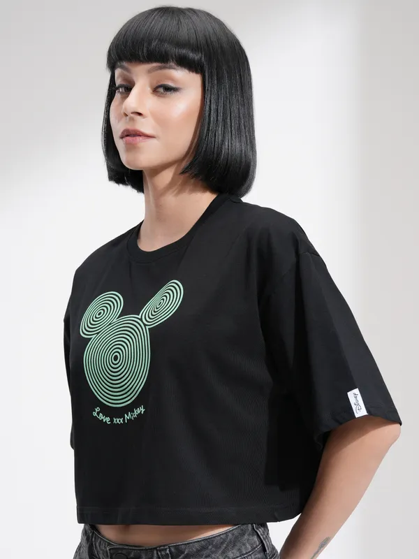 Disney By Tokyo Talkies Women Black Mickey Mouse Printed Round Neck T-Shirt