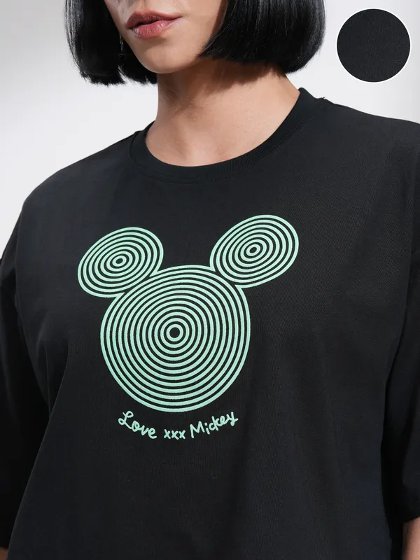 Disney By Tokyo Talkies Women Black Mickey Mouse Printed Round Neck T-Shirt