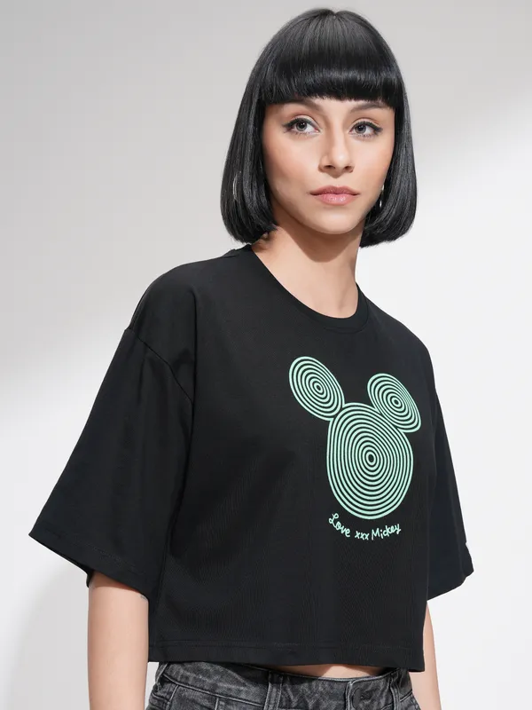 Disney By Tokyo Talkies Women Black Mickey Mouse Printed Round Neck T-Shirt