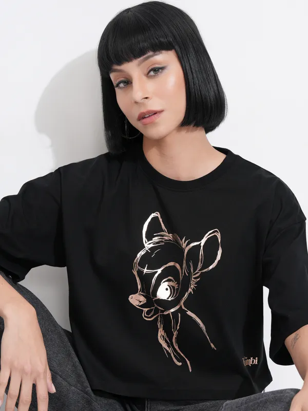 Disney by Tokyo Talkies Women Black Bambi Printed Round Neck T-Shirt