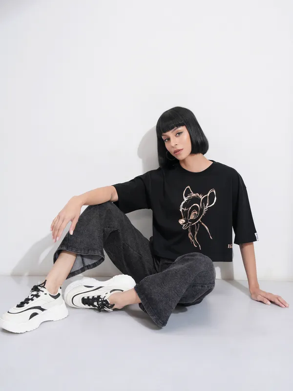 Disney by Tokyo Talkies Women Black Bambi Printed Round Neck T-Shirt