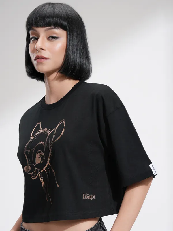 Disney by Tokyo Talkies Women Black Bambi Printed Round Neck T-Shirt