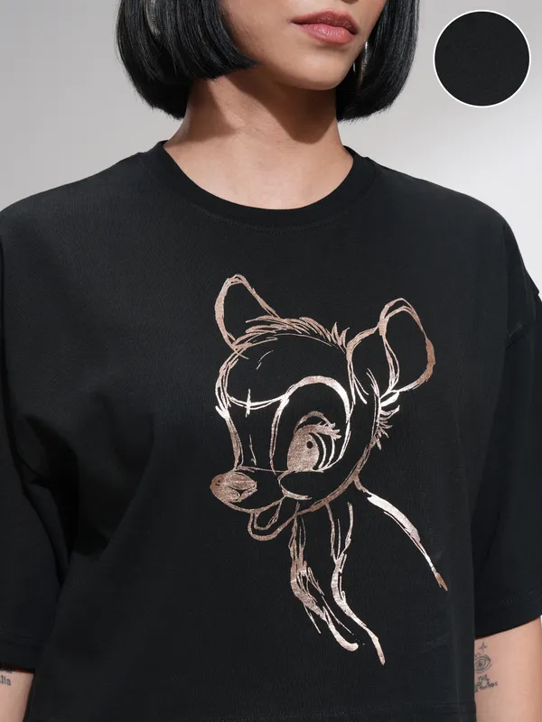 Disney by Tokyo Talkies Women Black Bambi Printed Round Neck T-Shirt