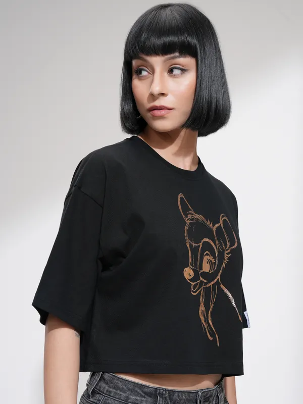 Disney by Tokyo Talkies Women Black Bambi Printed Round Neck T-Shirt
