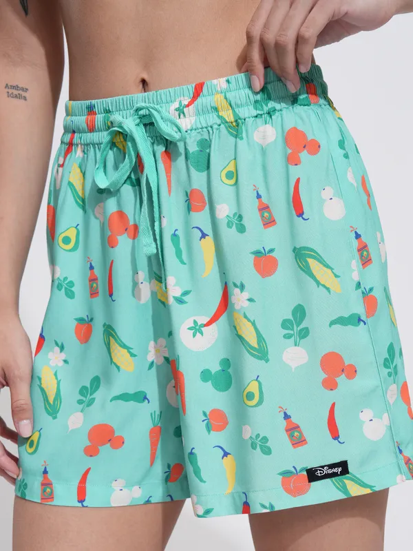 Disney By Tokyo Talkies Women Green Mickey Mouse Shirt With Short